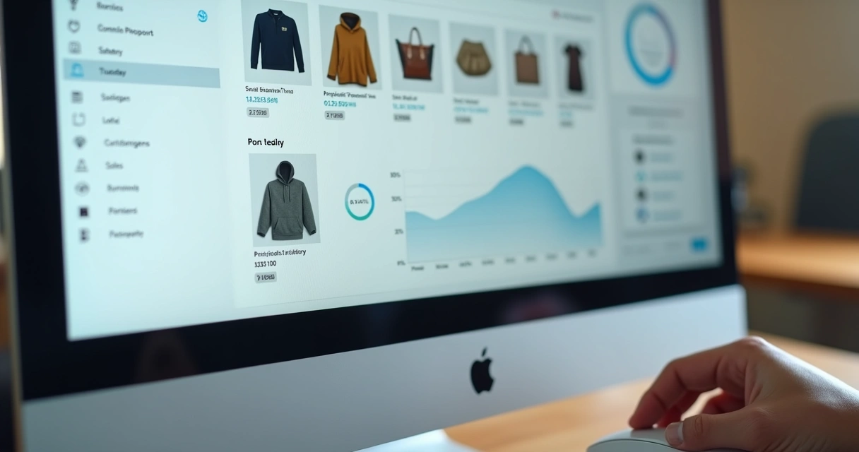 Painel de loja virtual WordPress com produtos exibidos, gráficos e botões de compra 