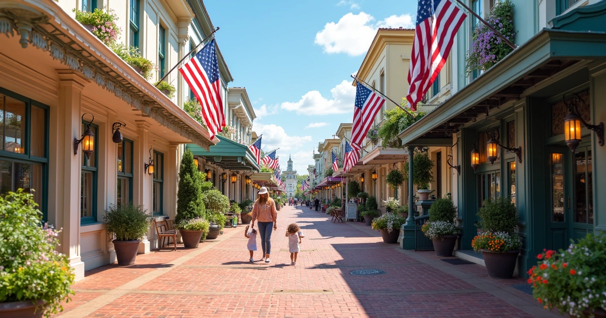 Lojas e casas típicas do centro de Celebration com bandeiras americanas 