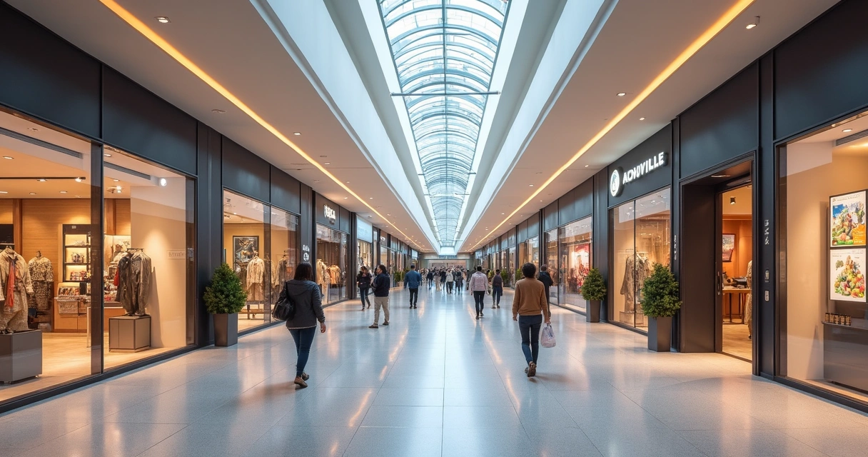 Corredor de shopping em Alphaville, pessoas caminhando, fachadas de lojas modernas 