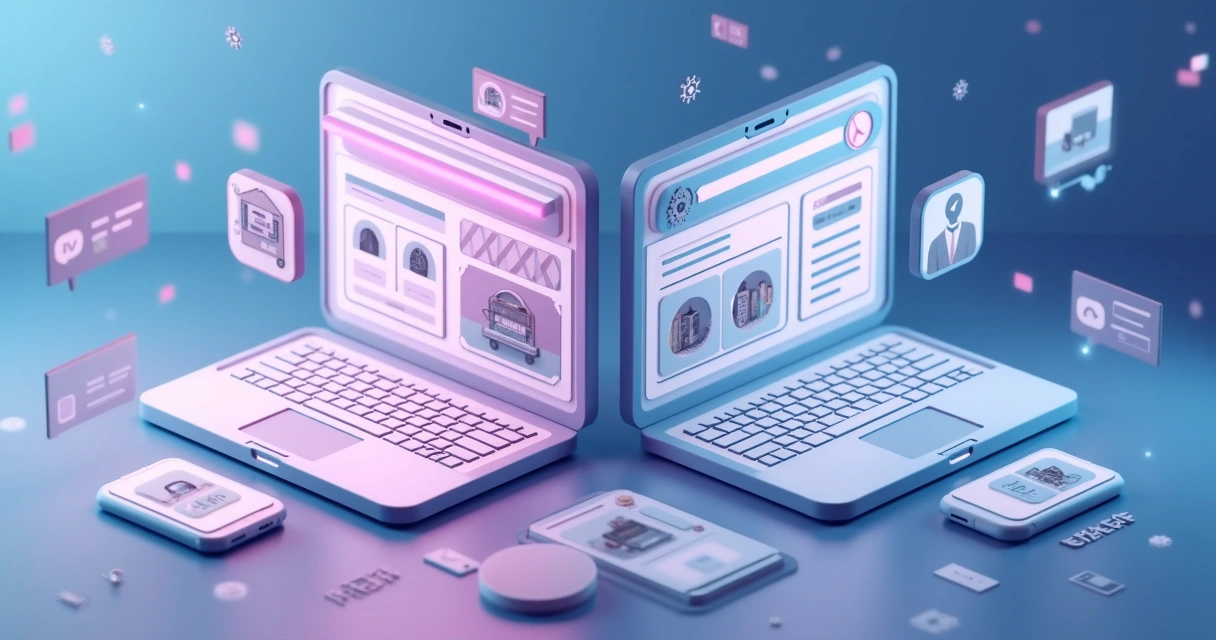 Comparação 3D entre loja virtual sob medida e loja virtual pronta com elementos digitais e gráficos 