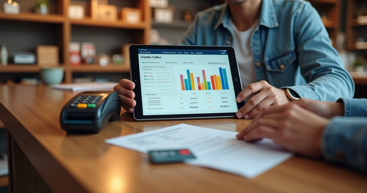 Lojista analisando taxas de cartão de crédito em tablet ao lado de maquininhas e cartões 