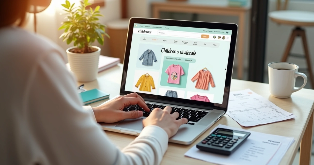 Lojista escolhendo produtos infantis para atacado em loja online pelo laptop. 