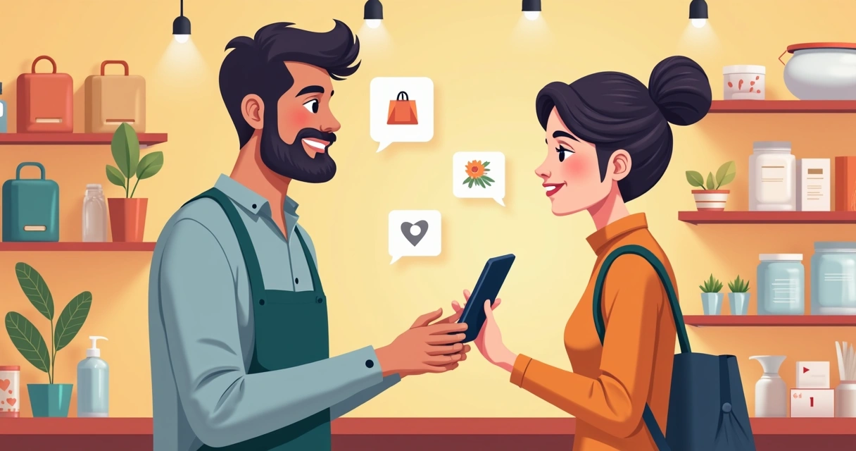 Lojista atendendo cliente em loja física com catálogo digital no celular 