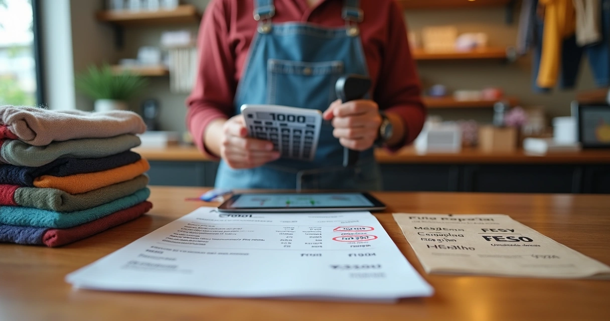 Lojista calcula preço de venda em balcão com calculadora e etiquetas 