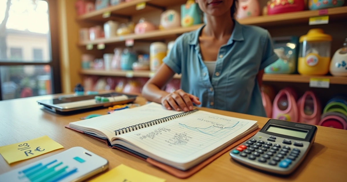 Lojista usando calculadora para definir preço de produtos infantis em prateleira 