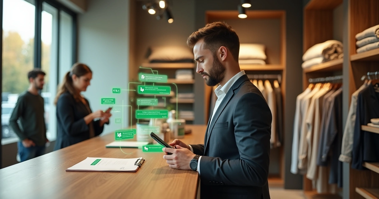 Lojista em loja física usando chatbot no WhatsApp para fechar vendas 