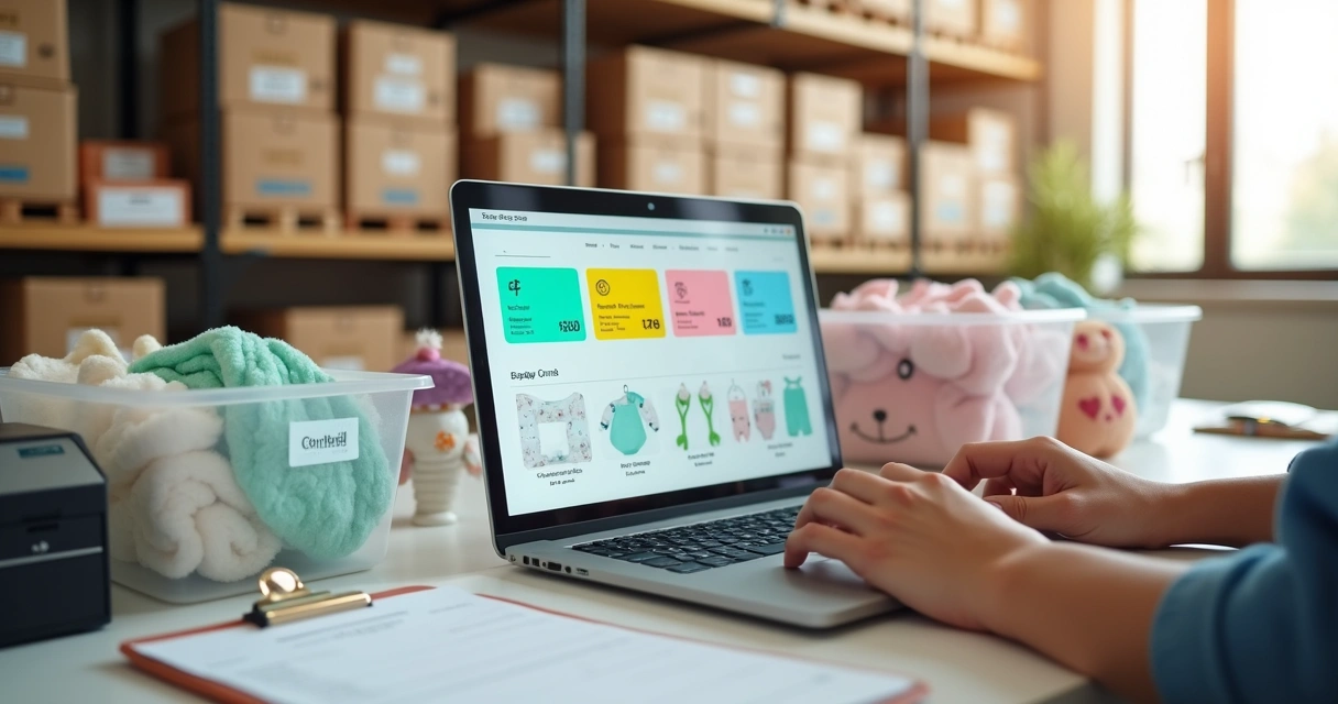 Lojista de infantil comprando no atacado online no notebook rodeado de produtos para bebês 