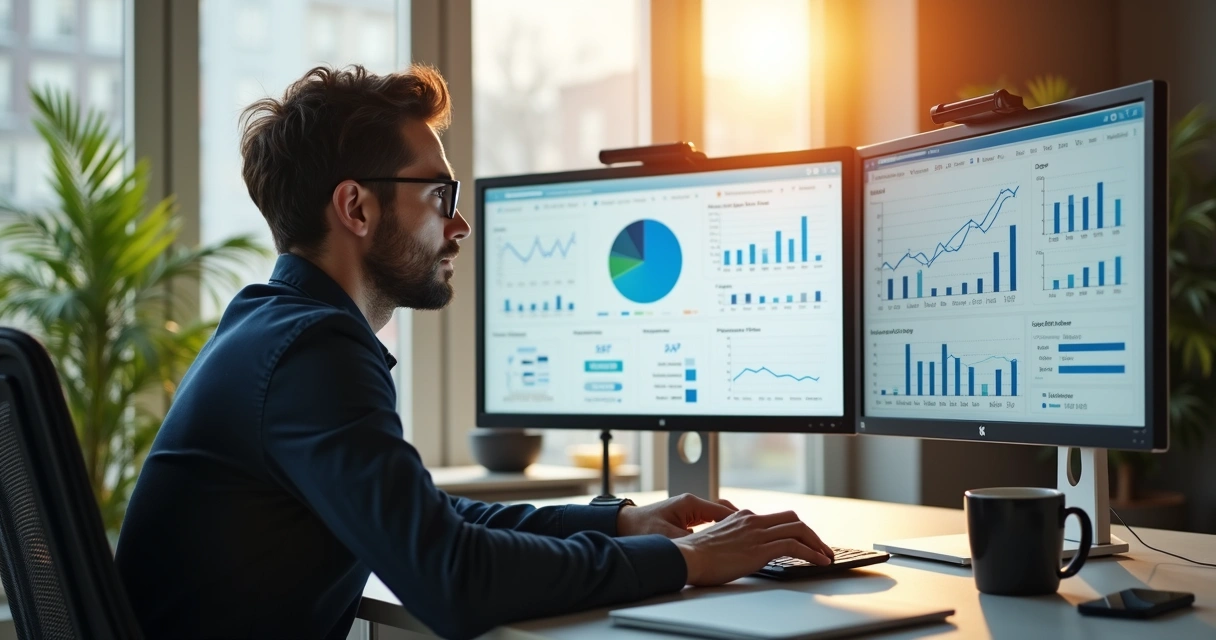 Empreendedor no escritório avaliando gráficos de análise antifraude 