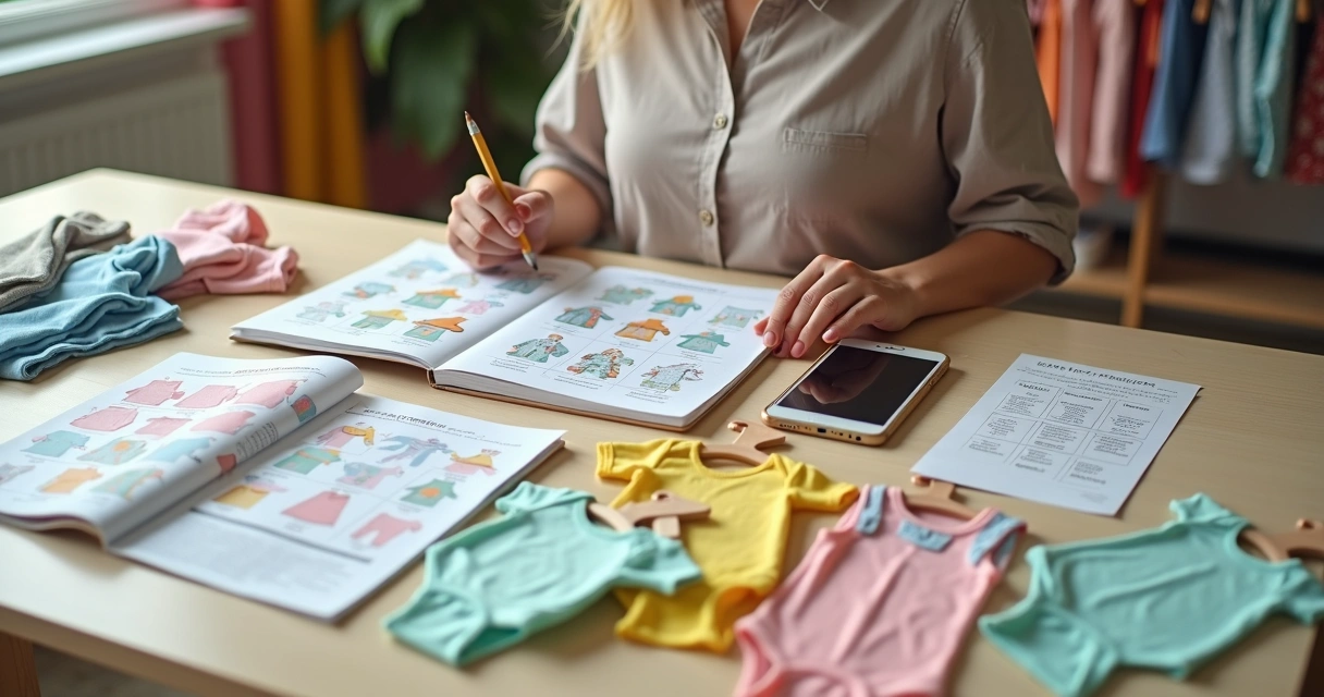 Lojista analisando catálogo de roupas infantis em mesa com amostras coloridas 