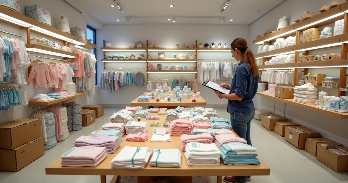 Lojista escolhendo mix de produtos para bebê em prateleiras organizadas 