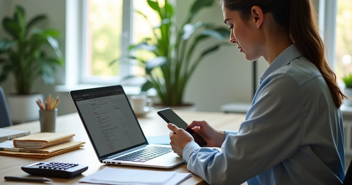 Lojista atualizando catálogo digital e pedidos em notebook e celular 