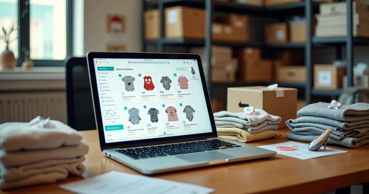 Lojista conferindo estoque infantil enquanto vende em marketplace em um tablet 