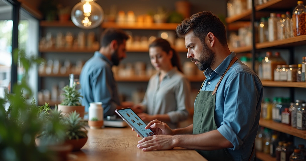 Dono de pequena loja organizando produtos no balcão com tablet em mãos 