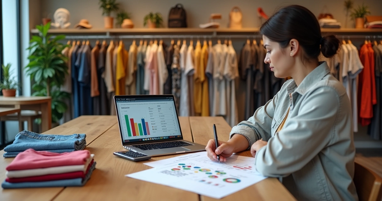 Lojista de moda calculando margem de lucro em mesa com roupas e planilhas 