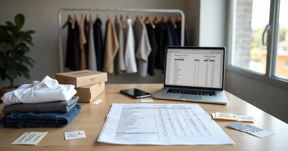 Lojista de moda calculando precos em mesa com roupas e planilhas 