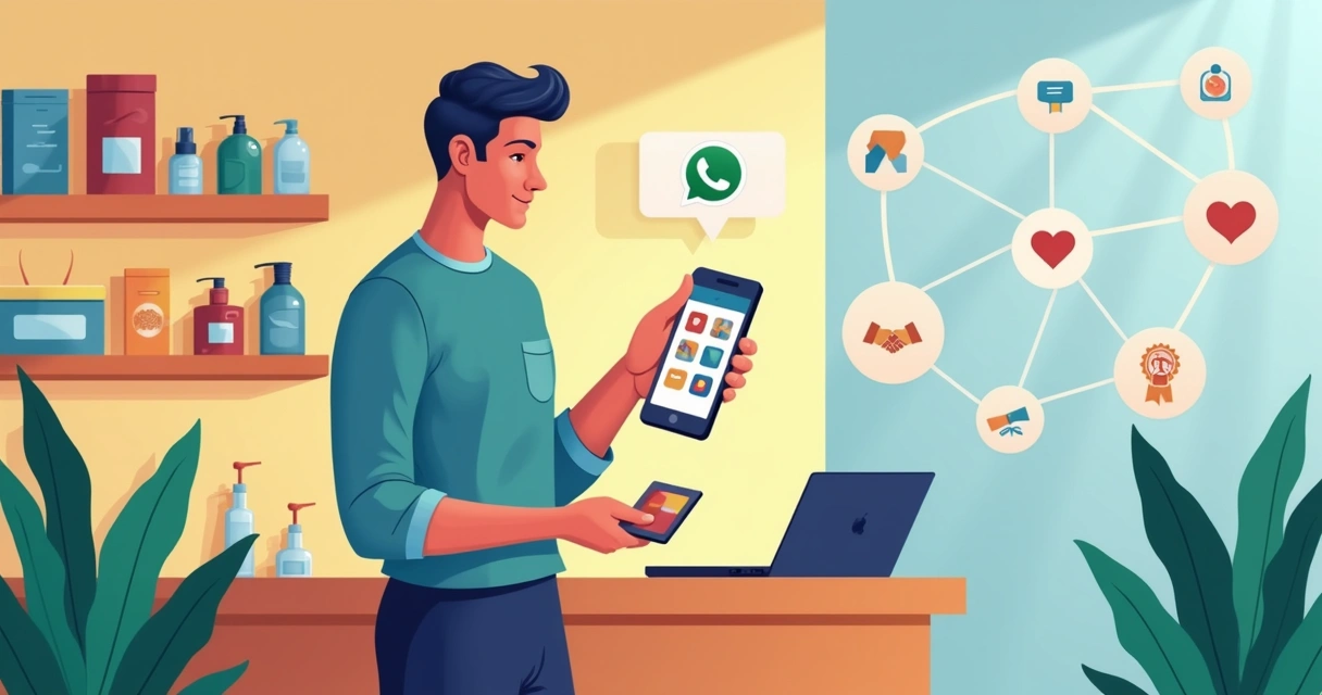 Lojista usando catálogo digital no celular para vender pelo WhatsApp em loja física 