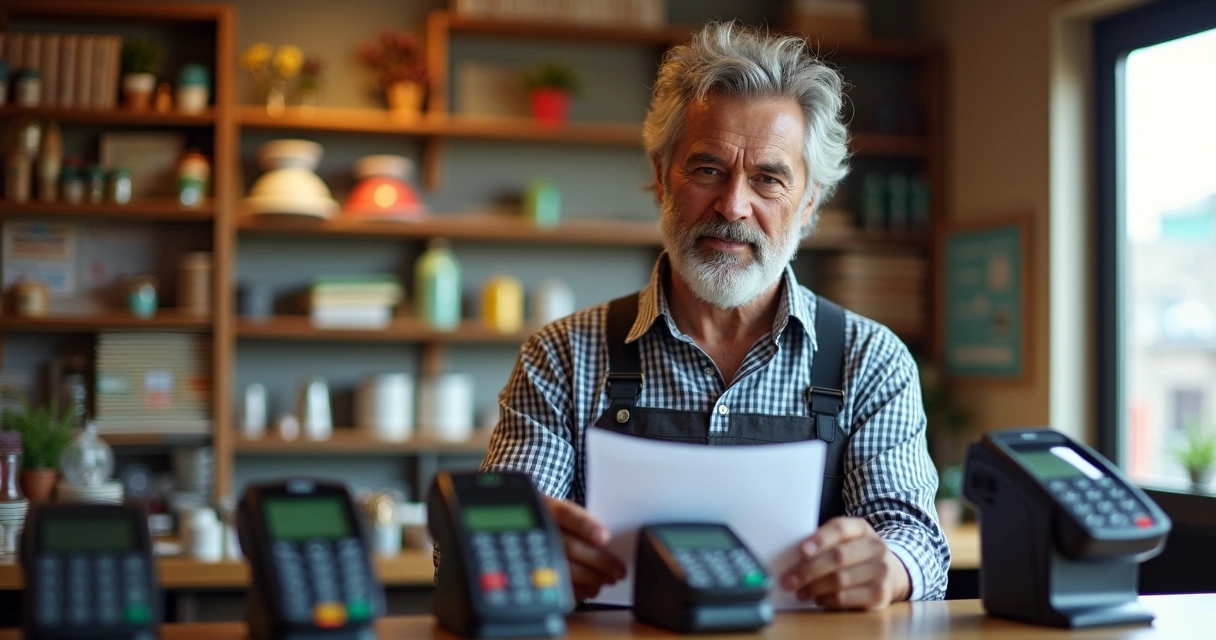 Lojista analisando maquininhas em balcão 