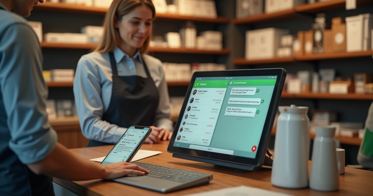 Lojista usando catálogo digital e WhatsApp no balcão 