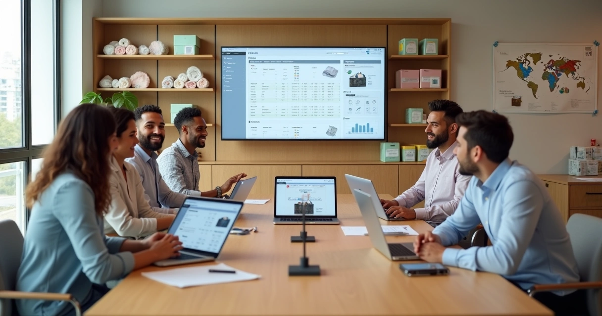 Equipe de lojistas usando plataforma de e-commerce B2B em reunião de compras no atacado 