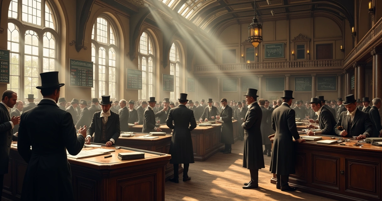 Historic trading floor with men in suits and wooden boards