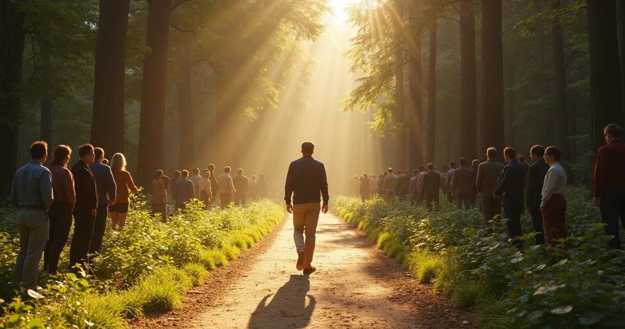 Person walking alone on a path surrounded by two groups on either side. 