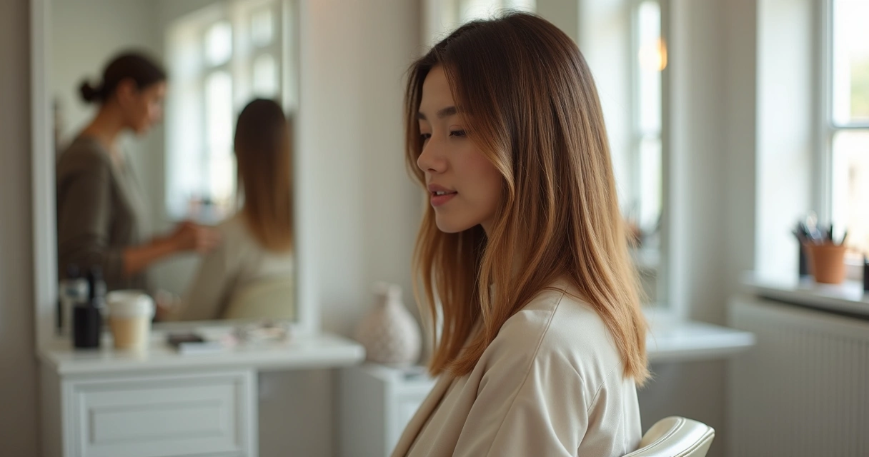 Long bob médio liso em mulher sentada no salão 