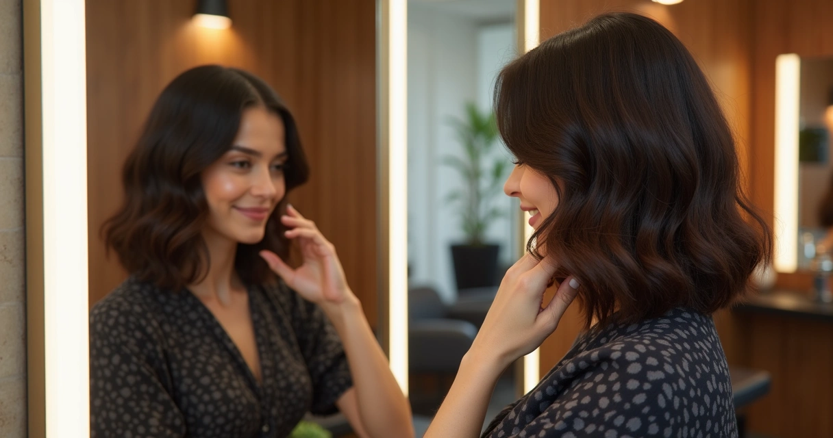 Long bob médio ondulado em mulher olhando no espelho 