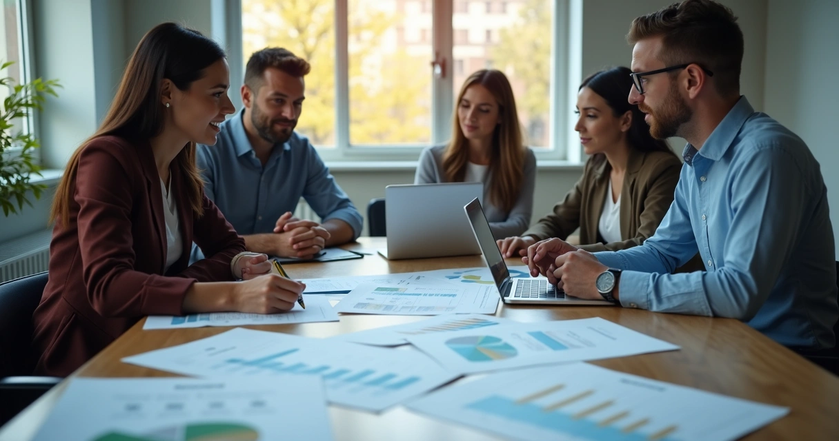 Team reviewing long-term human impact notes and charts