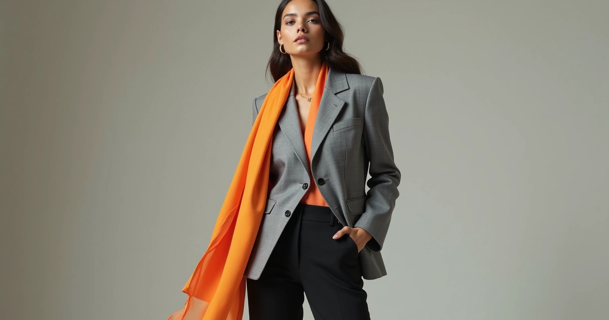 Look feminino com blazer de alfaiataria cinza, calça preta e terceira peça colorida em fundo neutro 