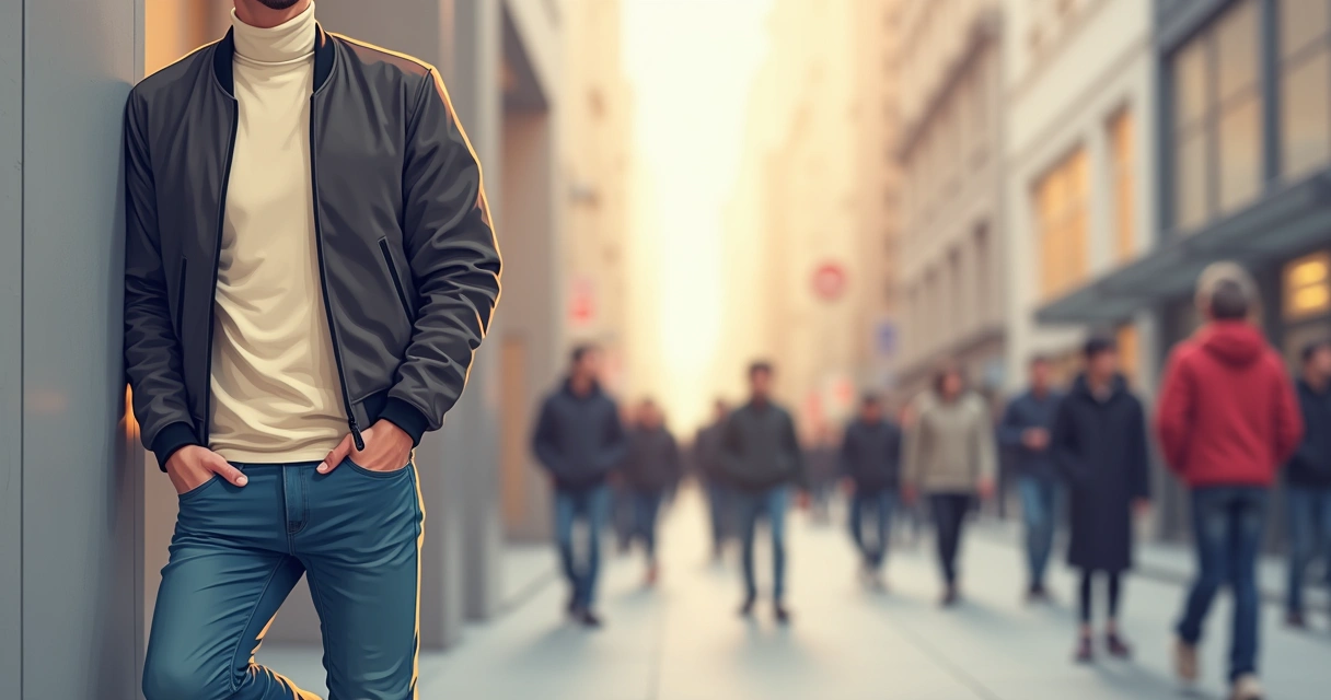 Jovem com camiseta gola alta, calça jeans reta e jaqueta bomber no centro urbano