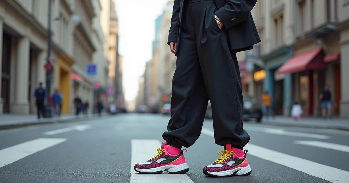 Pessoa com tênis moderno e roupas estilosas de 2026