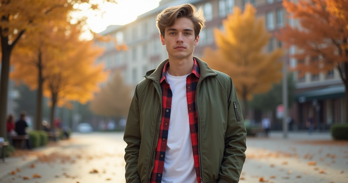 Homem mostra look em camadas com camiseta, camisa xadrez e jaqueta leve