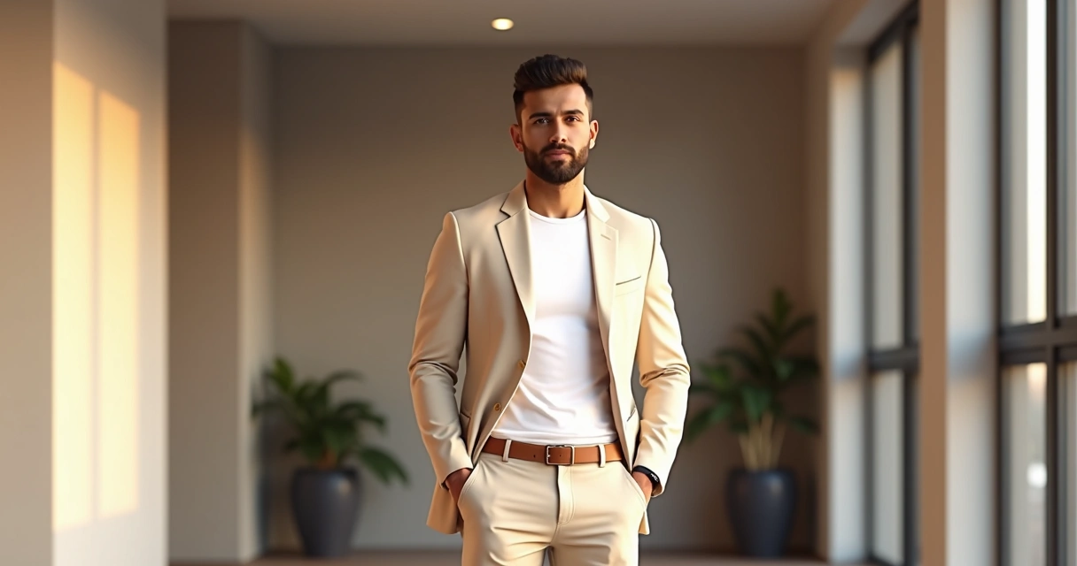 Homem elegante usando camiseta branca, blazer e calça de alfaiataria em ambiente sofisticado