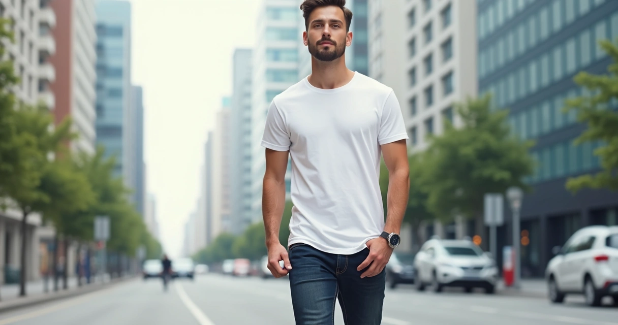 Homem usando camiseta longline branca, calça jeans escura e tênis em ambiente urbano