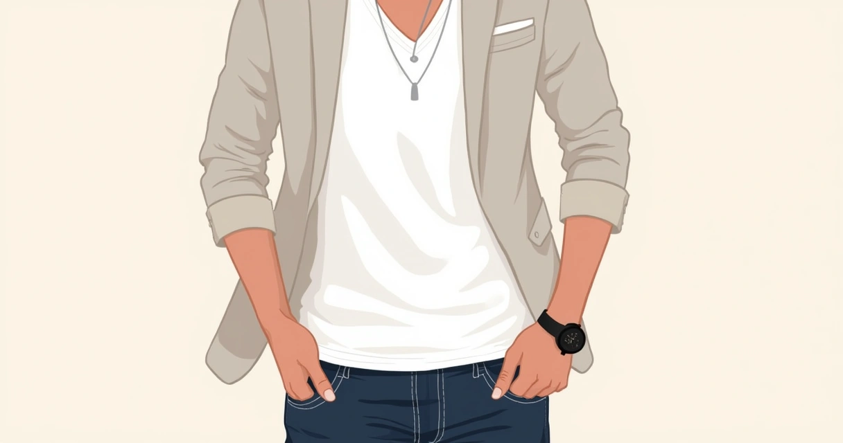 Camiseta gola V ajustada branca com blazer claro, colar fino, relógio e jeans