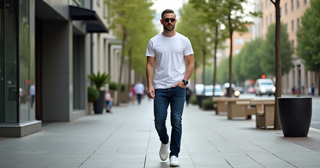 Homem de camiseta branca e cal&ccedil;a jeans caminhando na rua 