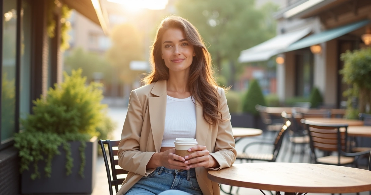 Mulher com top liso branco, calça mom jeans e blazer bege em ambiente casual