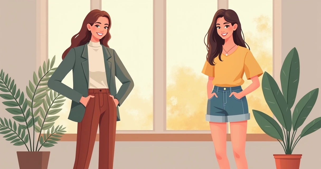 Duas mulheres, uma com calça cintura alta de inverno e outra com shorts de cintura alta de verão 