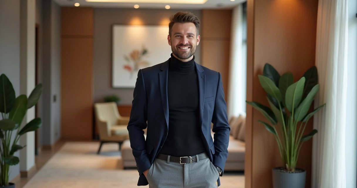 Homem em ambiente formal usando blazer, camiseta gola alta preta e calça de alfaiataria