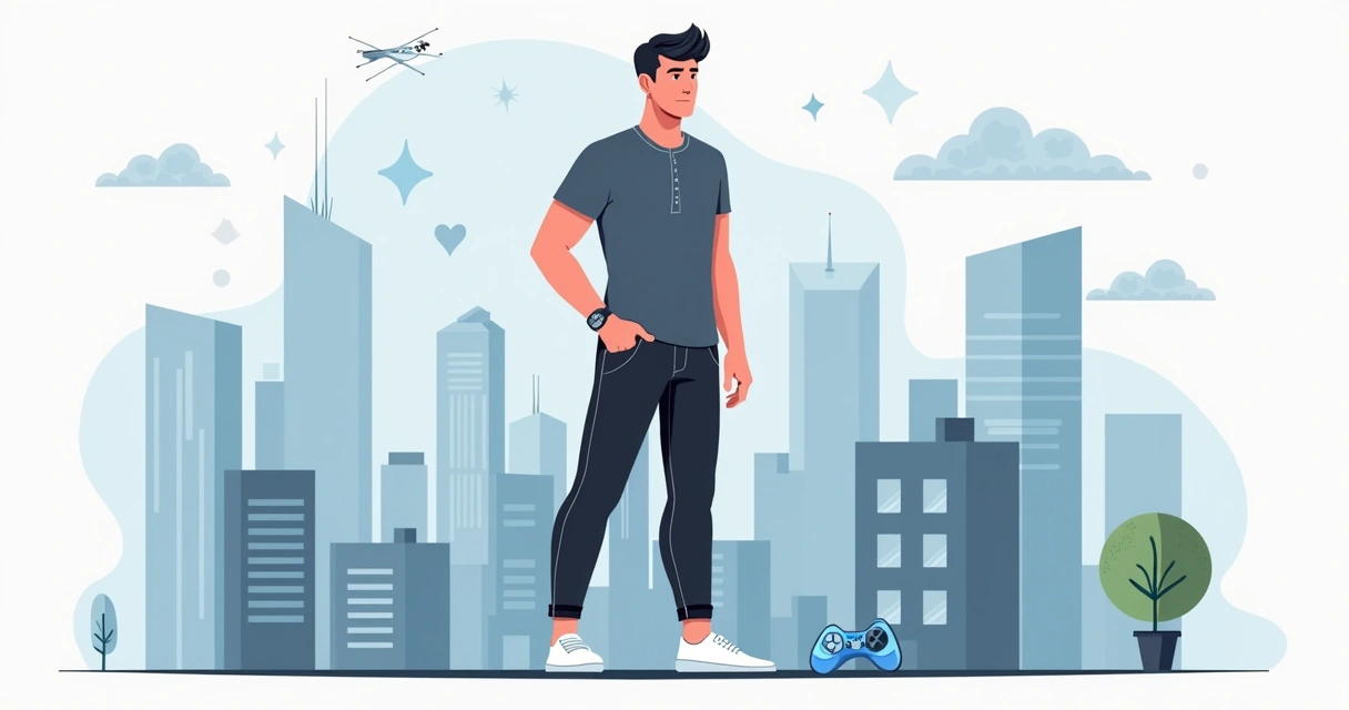 Homem com camiseta henley e calça escura em visual geek casual