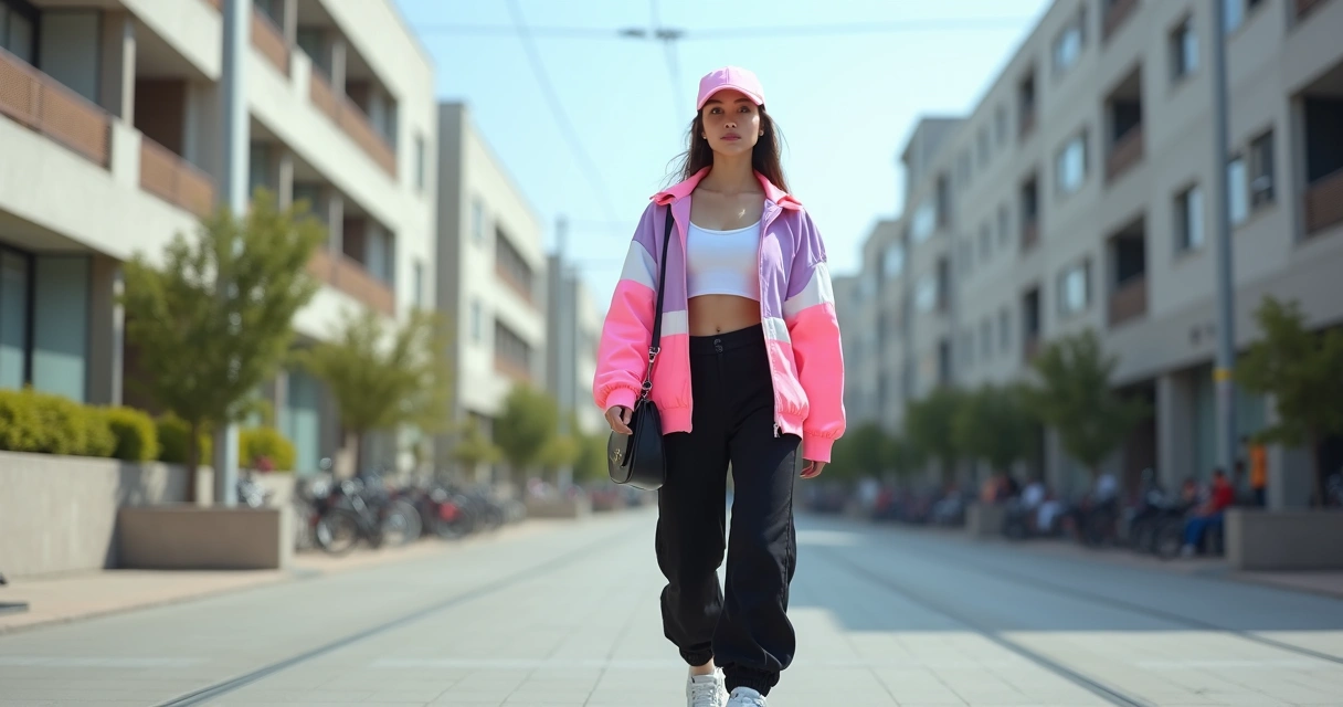 Mulher usando jaqueta esportiva feminina colorida em rua clara e minimalista 