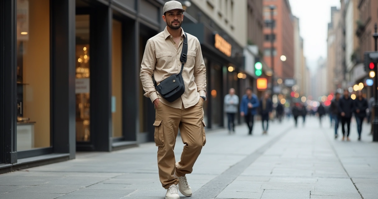 Look masculino com modelagem ampla e detalhes utilitários 