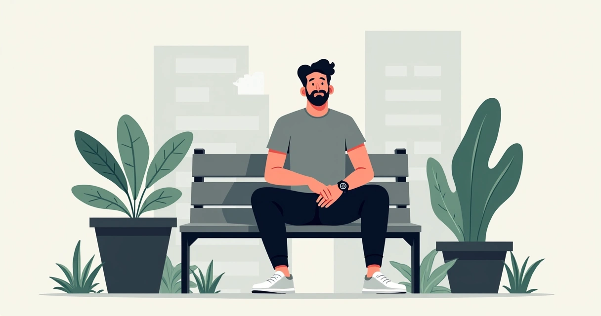 Homem usando camiseta básica cinza e calça preta, sentado em um banco com acessórios modernos.