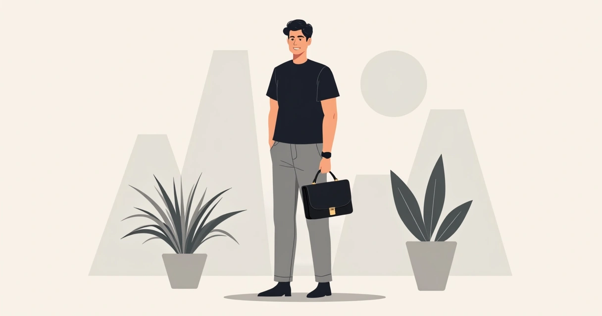 Homem vestindo camiseta preta básica, calça cinza e segurando acessórios discretos.