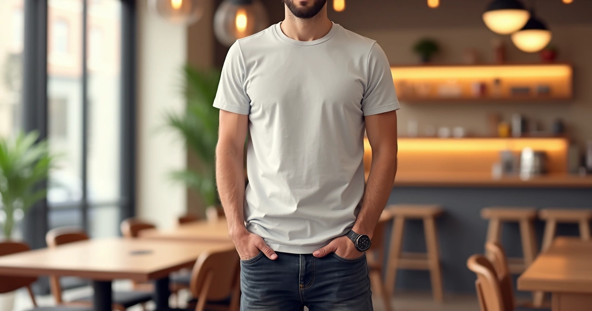 Homem jovem com camiseta básica, jeans escuro e acessórios modernos como relógio e pulseira