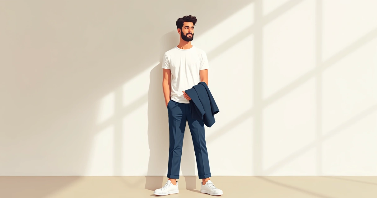 Homem com look masculino casual clássico, camiseta básica e calça de alfaiataria