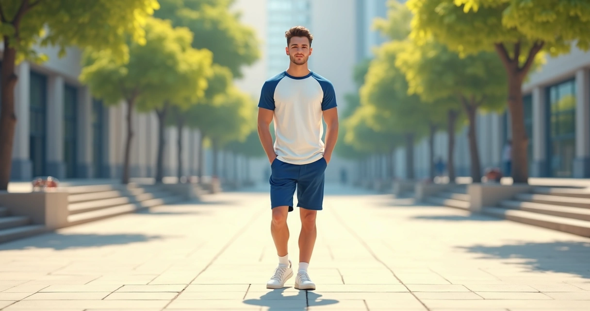 Jovem com camiseta bicolor e bermuda em look casual