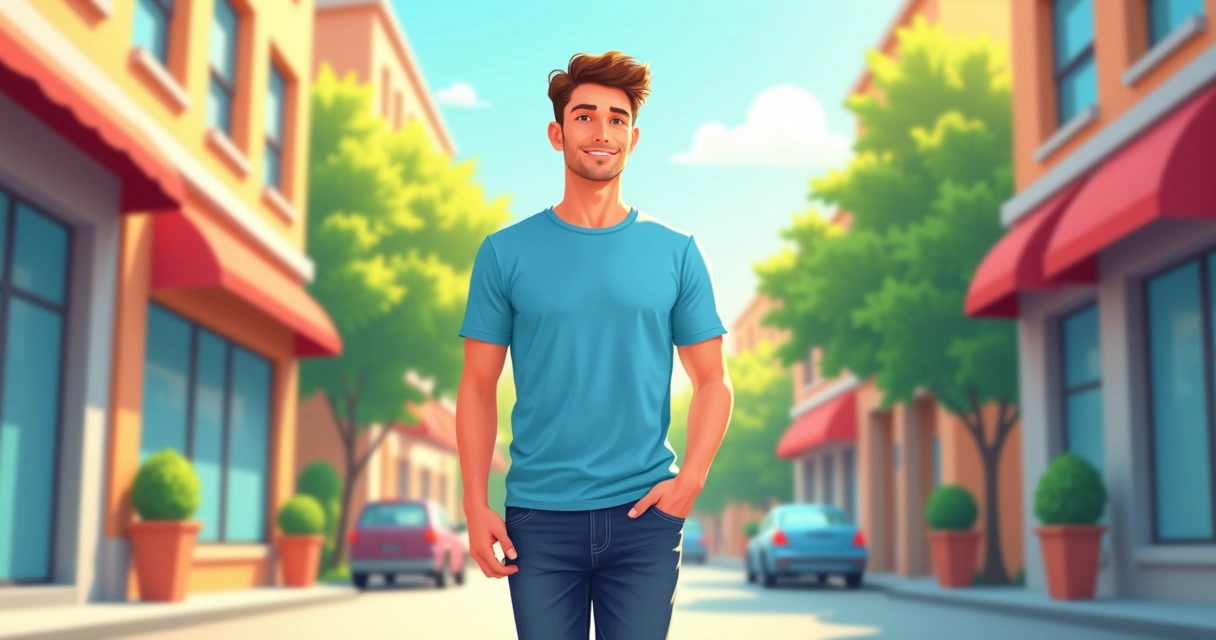 Homem jovem usando camiseta azul e jeans no dia a dia urbano