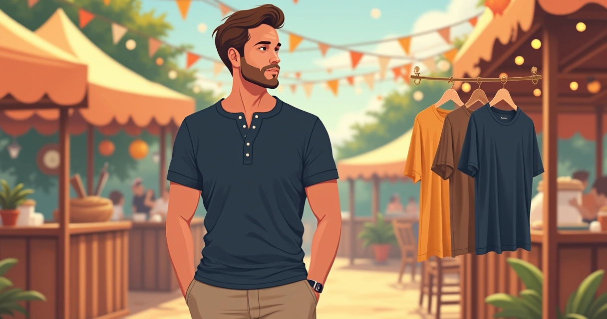 Homem com camiseta henley e calça casual em festa junina