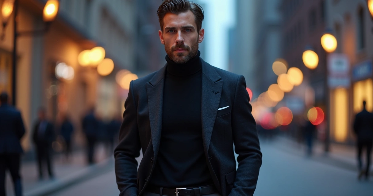 Homem com suéter gola alta preta e blazer em evento noturno